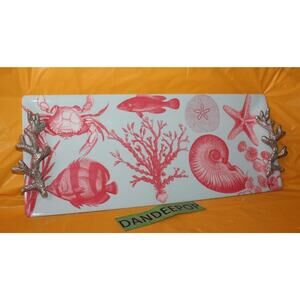 Mariposa Melamine Coral Handle Pink Fish Starfish Crab Nautical Serving Platter